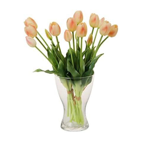cn-Knight 20pcs Artificial Tulip Flowers,16 Inch Real Touch Tulip Stems with Faux Leaves, Faux Tulips and Buds for Home Décor Centerpiece Ornament Wedding Bouquet,Champagne Cover