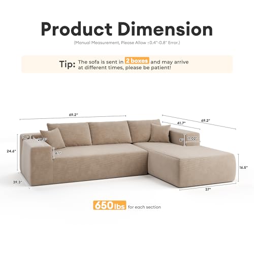 Image of HOOOWOOO Sectional L Shaped Couch,106 inch Assembly Free Modern Minimalist Sofa,Extra Deep Large Sofa Couch Set,Corner Couch in A Box for Living Room(Left Chaise Beige Corduroy Uphosted)