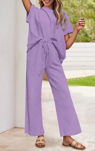Image of PRETTYGARDEN 2 Piece Outfits For Women Casual Tracksuit Short Sleeve Tops And Wide Leg Long Pants Matching Lounge Sets