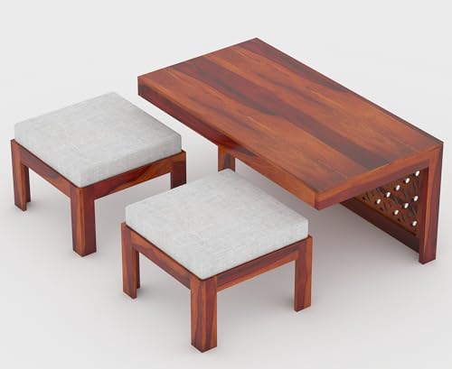 Image of ONIJA Modern Wooden Coffee Table with Carved Jali Design & Cushioned Stool | Center Table with Hidden Seating | Solid Wood Living Room Table (Honey Finish)
