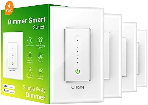 GHome Smart Dimmer Switch Work with Alexa Google Home, Single Pole 2.4GHz Wi-Fi Switch for Dimmable LED CFL INC Light Bulbs, Neutral Wire Required, UL Certified, No Hub Required, 4Pack