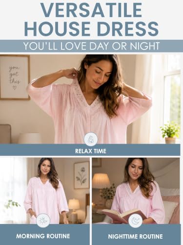 Image of Casual Nights Women's Zip Front Woven House Dress | 3 /4 Sleeves Housecoat Long Duster Lounger