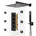 CASAINC Luxury Thermostatic Shower Faucet Set Shower System 12" Rain Shower Head with Handheld Spray & 6 Body Jets (Matte Black)