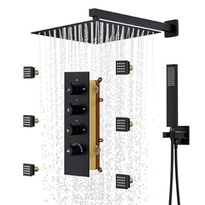 CASAINC Luxury Thermostatic Shower Faucet Set Shower System 12" Rain Shower Head with Handheld Spray & 6 Body Jets (Matte Black)