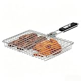 QH7 Cesta de Cocción de Acero Inoxidable para Barbacoa, Parrilla Plegable Portátil con Asa Extraíble, Malla Antiadherente para Pescado, Verduras, Gambas