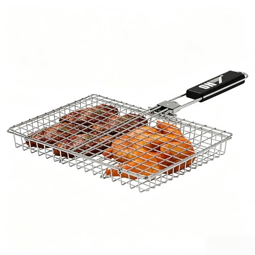 QH7 Panier de barbecue robuste en acier inoxydable pour le camping et le barbecue - Grille de cuisson pliable et portable avec poignée amovible - Filet...