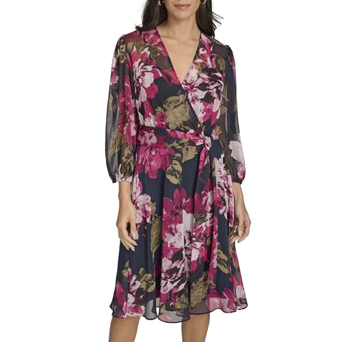 Image of Calvin Klein Women's 3 /4 Balloon Sleeve V-Neck Knee Length Faux Wrap Dress
