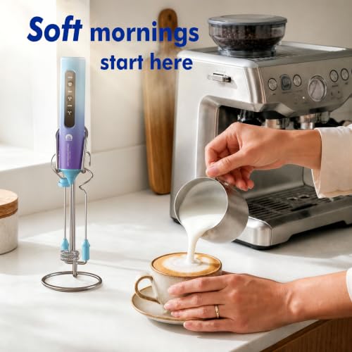 Image of Rechargeable Milk Frother with Stand, 4 Interchangeable Whisks & Travel Case - Handheld Mixer for Lattes, Matcha, Hot Chocolate, Eggs & Protein Shakes