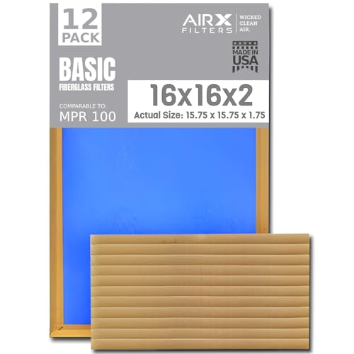 16x16x2 Air Filter Comparable to MPR 100 Basic Economy Furnace Filters 12 Pack of Non Pleated Fiberglass Filter For Dust - Low Airflow Restriction! From AIRX FILTERS WICKED CLEAN AIR.