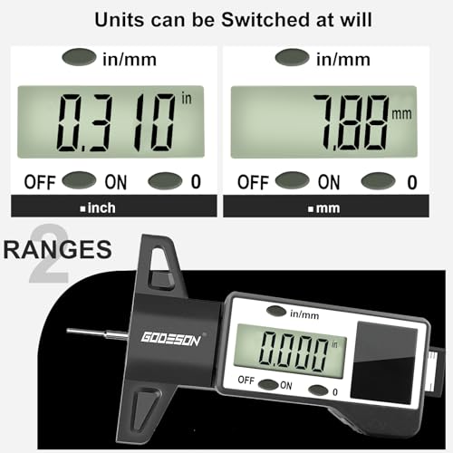 Image of GODESON Digital Tire Tread Depth Gauge, Solar & Battery Power,1 inch / 25.4mm Range, Inch /MM Display, Black Universal Tire Wear Depth Gauge for All Vehicles (Car, Truck, SUV)