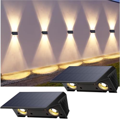 IIRARA wandleuchte solar außen solar wandleuchte aussen solarlampen Nach Oben und Unten Beleuchtet 4 LEDs IP67 Wasserdichte Solarleuchte für Garten Balkon Terrasse Treppen Warmweiß 2er
