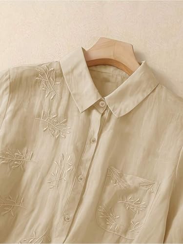 Image of Gufrina Women Embroidered Button Down Shirt with Floral Leaf Thread Work Collared Neck Half Sleeves Relaxed Fit Casual Office Wear Shirt
