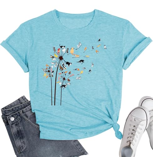 Image of Cat Shirts for Women Butterfly Graphic Tops Dandelion T Shirt Womens Vacation T-Shirt Nature Lover Tee