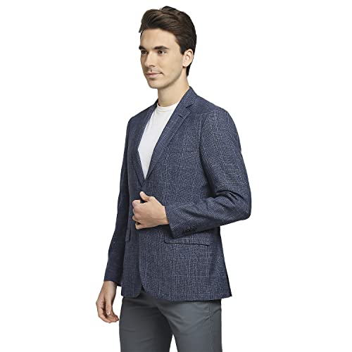 Image of Colorplus Men's Contemporary Fit Terry Rayon Blend Notch Collar Herringbone Pattern Full Sleeve Navy Casual Blazer