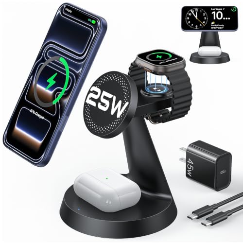 Image of Meifigno 25W Fast 3 in 1 Charging Station for Apple Multiple Devices | 25W Magnetic Charger for iPhone 17 /16, Compatible with MagSafe, with 45W Adapter, Watch Charger Stand for iWatch & Airpods