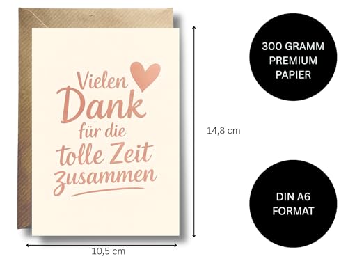 WBdesignz Dankeskarte „Vielen Dank für die tolle Zeit zusammen“ - Dankeschönkarte mit Herz & roséfarbenem Schriftzug - ideal für Freunde, Kollegen & Familie zum Abschied oder als Dankeschön (DIN A6)