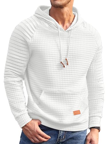 COOFANDY Men's Knit Hoodie Pullover Hipster Pleated Long Sleeve Textured Drawstring Hooded Sweatshirt with Kanga Pocket, White, X-Large