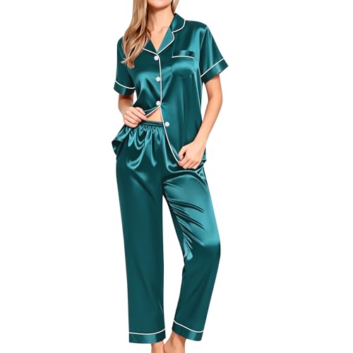 Image of SWOMOG Women Satin Pajamas Set Short Sleeve Top & Pants Sleepwear Silky Button Down Nightwear 2pcs Loungewear Pjs Set