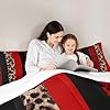 Leopard Print Kids Comforter Set Queen Size,Cheetah Skin Fashion Bedding Set,Girls Boys Adults Room Decor,Geometric Stripes Patchwork Down Comforter,Red Black Brown Duvet Insert,2 Pillowcases #1