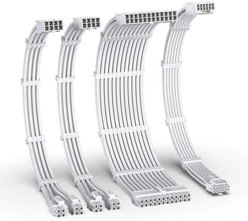 EZDIY-FAB 12VHPWR PSU Cable Extension Kit for RTX 50/40 Series,16AWG PCIE 5.0 Power Supply Cable Extension- 1x 24 Pin ATX /2X 8Pin (4+4) EPS / 1x12+4 Pin GPU,PSU extension 300MM with Combs-All White
