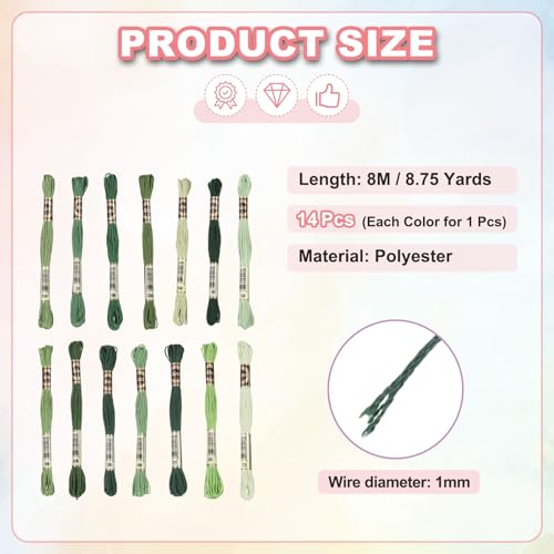Image of PATIKIL 14 Skeins Embroidery Floss, Polyester Embroidery Threads Bracelets String for Cross-Stitch Hand Embroidery, Multicolored Grass Green