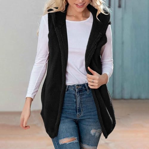 Womens Fuzzy Fleece Cardigan Vest Comfy Casual Sleeveless Lightweight Hooded Jackets with Pockets4