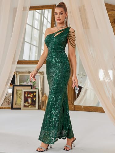 Image of Women One Shoulder 1920s Plus Size Formal Dress Tassels Sleeve Sequins Gatsby Maxi Evening Gown