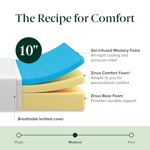 Zinus Queen Mattress - 10 Inch Green Tea Cooling Gel Memory Foam Mattress, Pressure Relief, for Cool Sleep, CertiPUR-US Certified Foam, Mattress in a Box, 10-Year Warranty, Queen S image 1