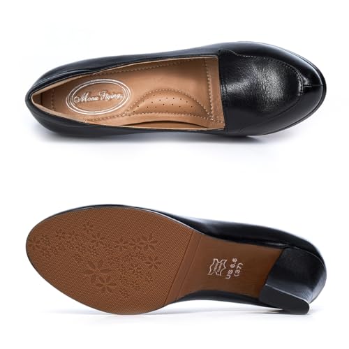 Mona flying Women's Leather Closed Round Toe Chunky High Heel Pumps Formal Court Shoes Office Work Dress Shoes for Ladies4