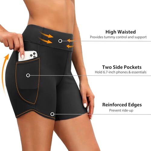 Daci Women High Waisted Swim Shorts - 5" Bathing Suit Short with Pockets Tummy Control Swimsuit Bottom Boy Shorts2