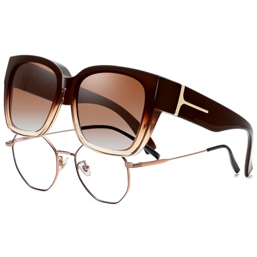 KANASTAL Surlunettes de Soleil Femme Polarisées UV400, Sur Lunettes de Soleil Homme Carrées Brun Dégradé Unisexe Tendance pour la Conduite Voyage
