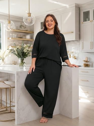 Womens Plus Size Pajama Set 3/4 Sleeve Lace Top Pants Lounge Set - image 3