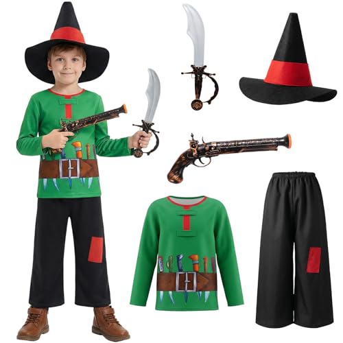 Ficlwigkis Räuber Karneval Kostüm Kinder Fasching Kostüm kinder mit Langärmelige Hemden Hosen Hüte und Accessoires für Faschingskostüme (110)