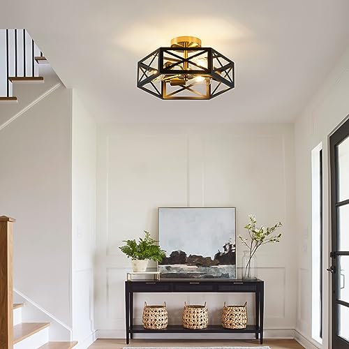XSDeTu Modern Flush Mount Ceiling Light, 3-Light Black Gold Hallway Light Fixtures Ceiling Mount, Industrial Close to Ceiling Light with Metal Hexagon Cage Ceiling Lamp for Kitchen, Bedroom, Bathroom by XSDeTu - Used condition - Image 8