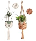Blumenampel Hängend Innen, 2er Set Boho Deko Makramee Hängeampel, Boho Zimmer Deko Aesthetic, Hängepflanzen Topf für Balkon Fenster Deko 89cm(Beige/Kaffeefarbe)