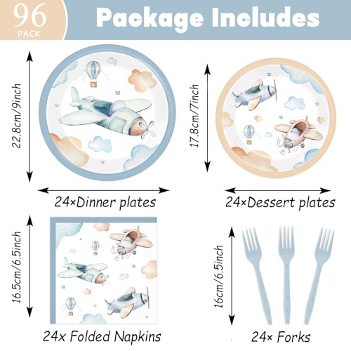 Image of 96Pcs Airplane Birthday Party Decorations Airplane Baby Shower Tableware Vintage Plane Plates Napkins Forks Disposable Aviation Theme Party Supplies for Baby Shower Kids Boys Girls Birthday Supplies