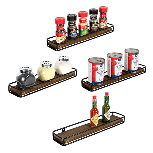 Mygift Wall Mounted Rustic Burnt Wood Spice Rack With Black Metal Frame, Hanging Kitchen Seasoning Jar Shelf Rack, Condiment Spice Bottle Organizer, Set Of 4 #TOP10