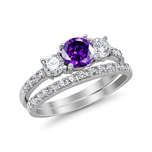 3-Stone Wedding Bridal Set Ring Band Round Created Opal CZ Black Tone 925 Sterling Silver