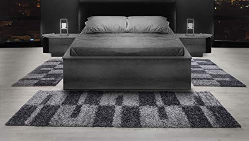 Shaggy Designer Läufer Bettumrandung Hochflor Teppich Karo Linien Muster 3er Set, Farbe:Grau, BettSet:2 x 60x110 cm + 1 x 80x250 cm Cover