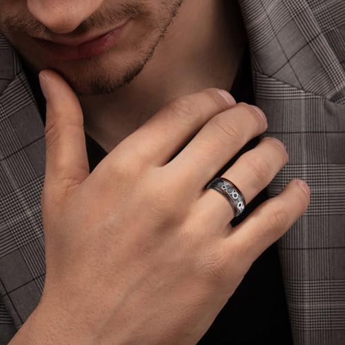 Image of 10mm Silver /Black Tungsten Rings for Men Steampunk Gear Inlay Size 7-14 | Koa Wood, Black Carbon Fiber, Dome Band Ring, for Wedding, Anniversary, Everyday Wear, Comfort Fit