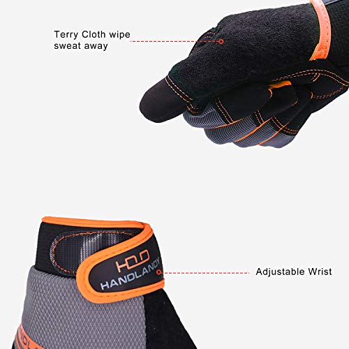 HLDD HANDLANDY Leichte Arbeitshandschuhe, Herren & Damen Multifunktionale Arbeitshandschuhe mit umfangreichem Handflächenschutz Gartenarbeit Bauarbeitshandschuhe Touchscreen (orange/grau, M)