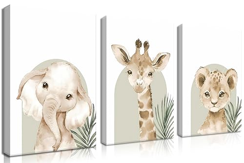 Nursery Wall Decor Set of 3, Cute Animal Lion Elephant