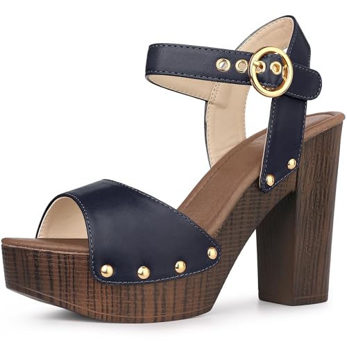 Perphy Platform Heels Slingback Chunky High Navy Blue Heel Sandals for Women 8 M US
