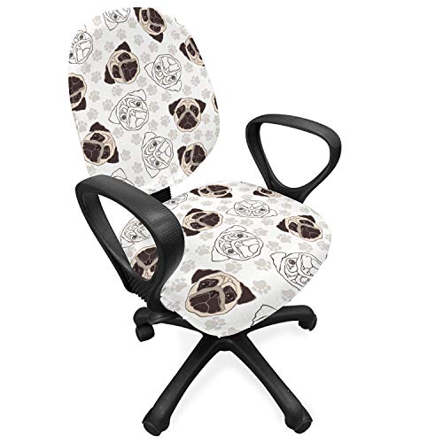 Ambesonne Dog Office Chair Slipcover, Pug Portraits Traces Paw Print Background Canine Pet Illustration Mammal Animal, Protective Stretch Decorative Fabric Cover, Beige Brown Tan