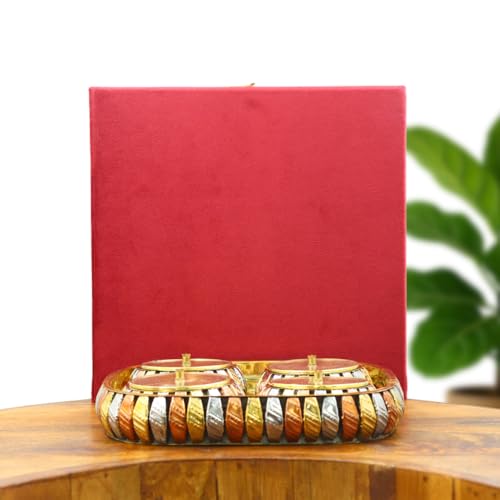 Image of INTERNATIONAL GIFT Aluminium 4-Jar Dry Fruit Set with Acrylic Lids & Tray - Tri-Tone Mukhwas & Candy Server in Velvet Gift Box for Premium Gifting