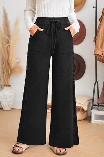 Arach&Cloz Womens 2025 Spring Sweater Pants Wide Leg Elastic High Waist Cute Casual Flowy Lounge Winter Knit Trousers Pockets2
