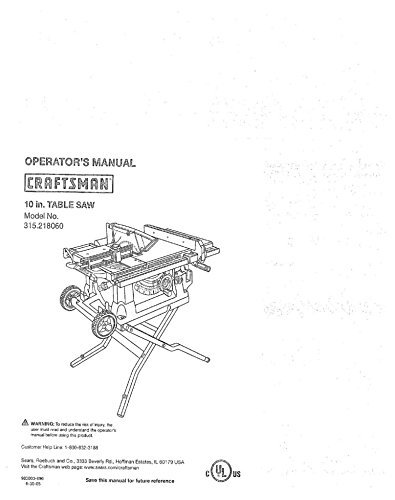 Instruction Manual for Craftsman 315.218060 Table Saw Owners ...