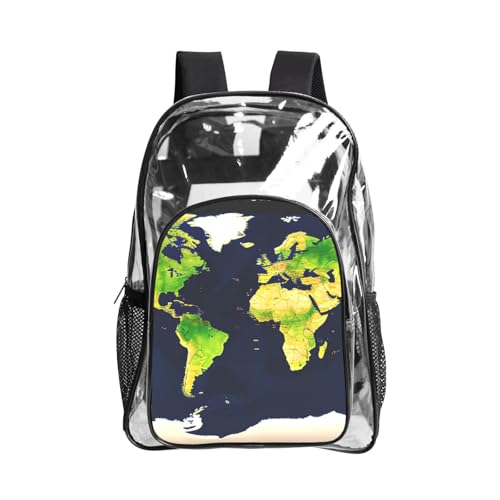 JBJGKHLP Mochila transparente unisex con estampado de mapa del mundo, para festivales, escuela, senderismo, trabajo al aire libre, viajes