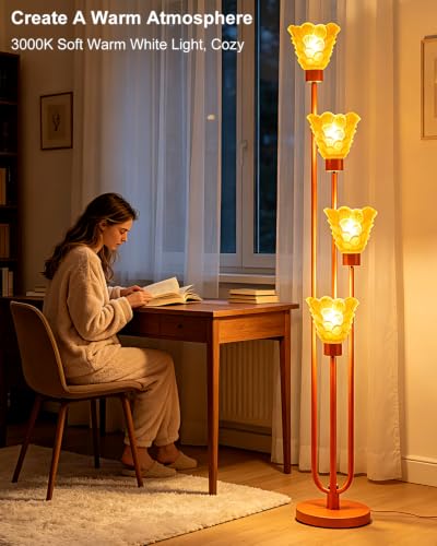 Image of Lightdot Glass Floor Lamp Dimmable 4-Light Orange Shade Gold Floor Lamps | Mid Century Modern Standing Tall Lamp with 5Lbs Heavy Base for Living Room /Bedroom /Sofa Beside /Corner Decor -Bulbs Included