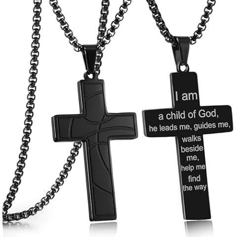 RWQIAN Black Basketball Cross Necklace for Men Bible Verse,Religious Christian Scriptures I am of God Pendant Cross Chain, Baptism 1st First Communion Gifts for Graduation Father's day Jewelry Cover